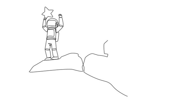 Self drawing animation of single continuous line drawing the astronaut standing on the edge of a cliff holding up a star. The hypocrite partner want to destroy the achievement. Full length animated