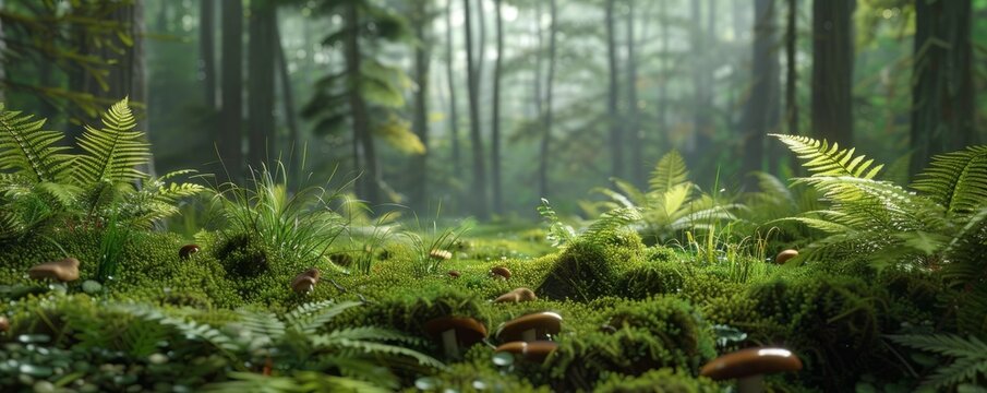 Mossy forest floor with ferns and mushrooms, 4K hyperrealistic photo
