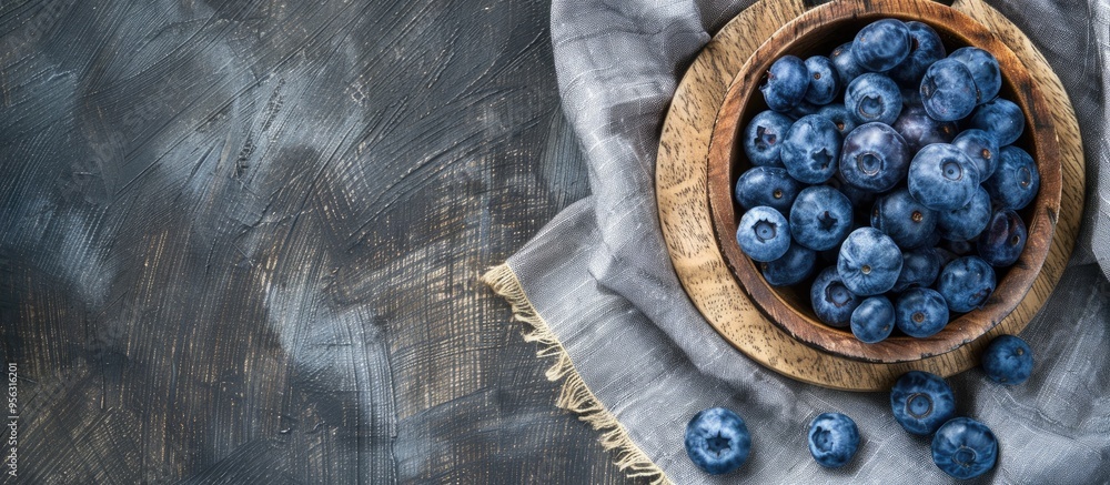 Aufkleber Top view close up of blueberries displayed on a wooden plate against a rustic cloth background with a blank space for text in the image. Creative banner. Copyspace image