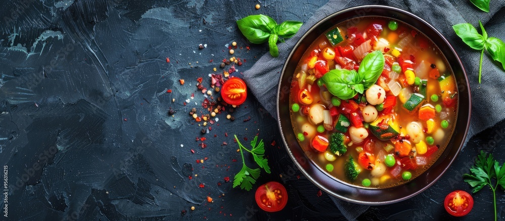 Poster A delightful vegetable soup in a bowl with a visually appealing copy space image