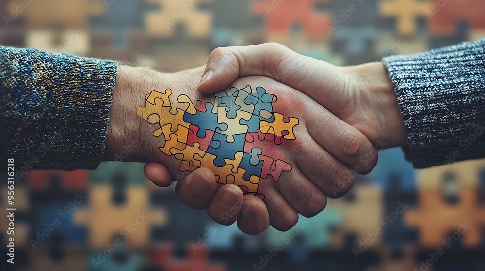 Poster a teamwork puzzle handshake concept, symbolizing collaboration and unity in business.