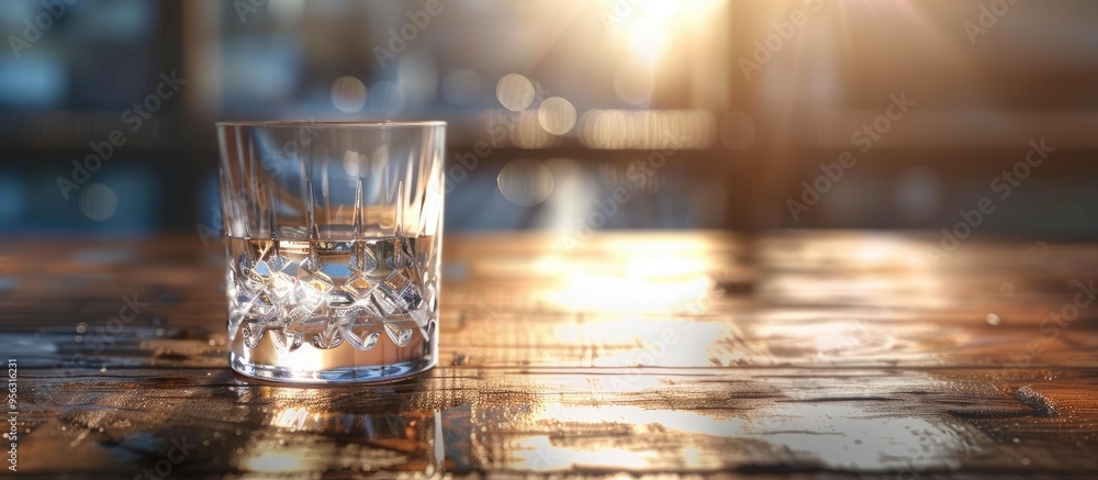 Poster close up shot of a glass of vodka on a wooden table with copy space image