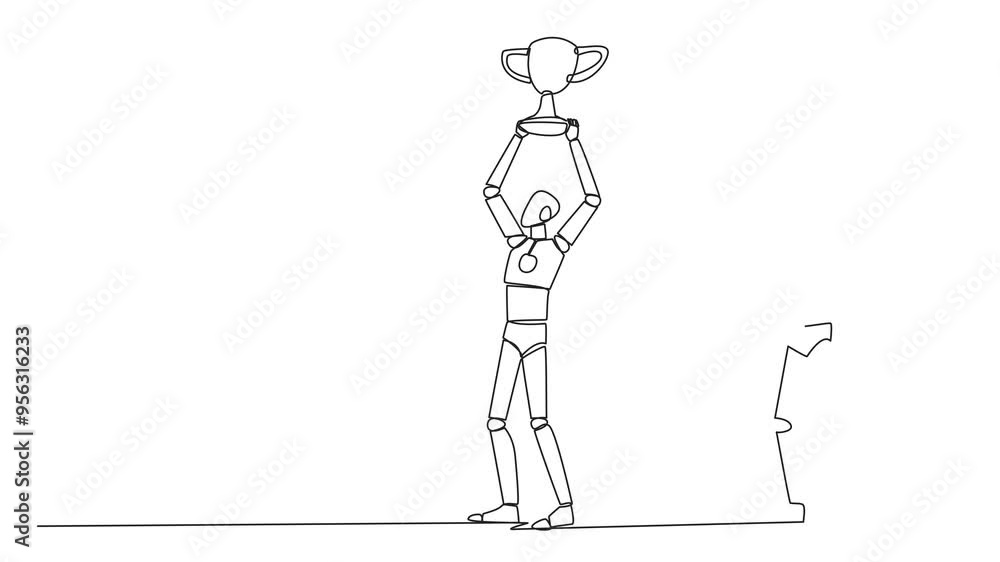 Poster animated self drawing of single continuous line drawing the smart robot standing lifting trophy. bus
