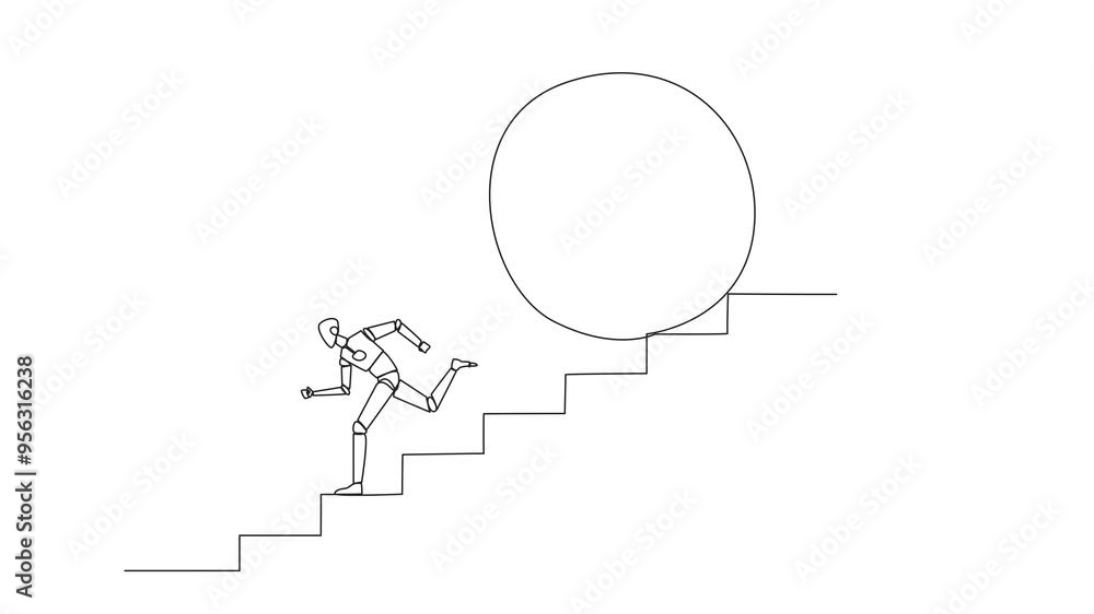 Poster self drawing animation of continuous line drawing robotic running down stairs avoiding big ball. att