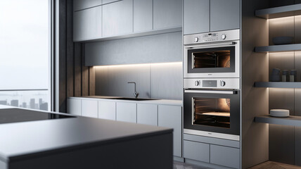 Fototapeta premium a minimalist kitchen with a built-in oven and minimalist shelving