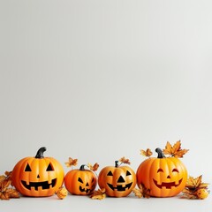Four Halloween Pumpkins. Jack o Lantern Faces on White Background with Autumn Leaves.