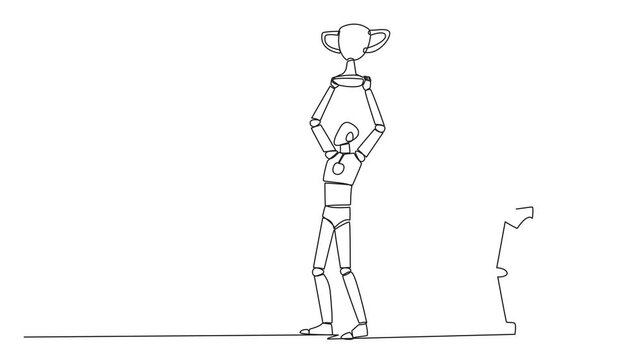 Animated self drawing of single continuous line drawing the smart robot standing lifting trophy. Business friends prepare to stab in the back. Unhealthy business. Full length single line animation