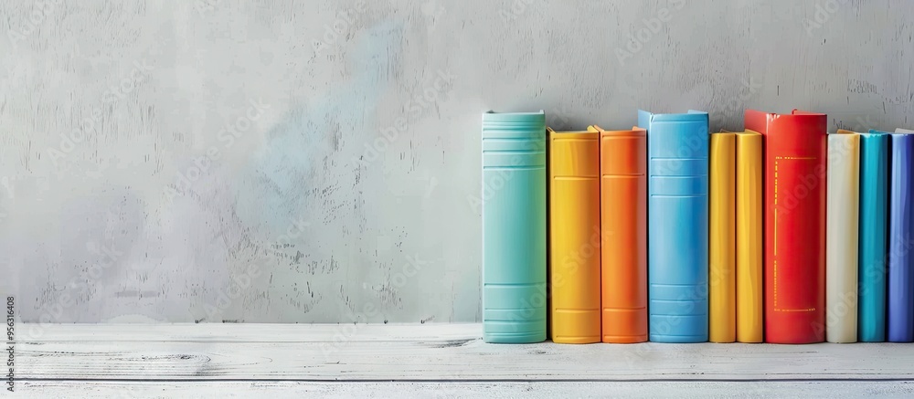 Poster colorful books on a white wooden table contrast with a light grey backdrop offering a blank area for
