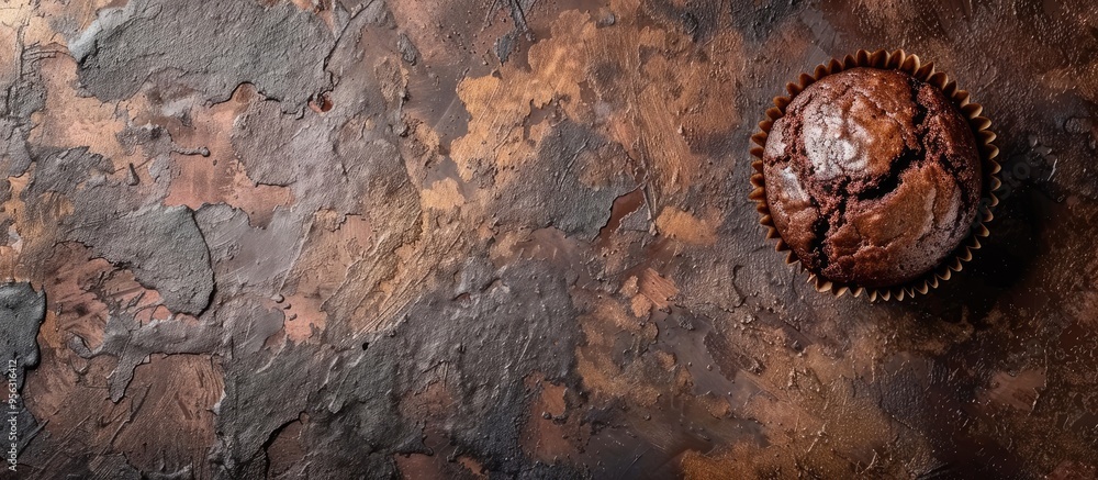 Poster chocolate muffin displayed on a rustic table with a background ideal for copy space image