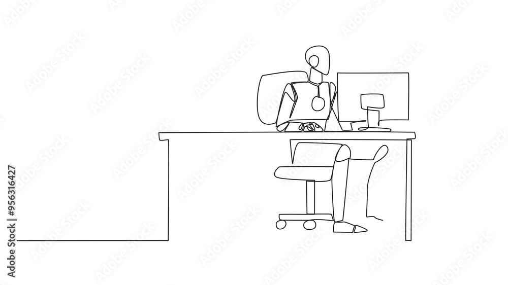 Poster animated self drawing of single one line drawing smart robot typing at a computer desk. trapped by b