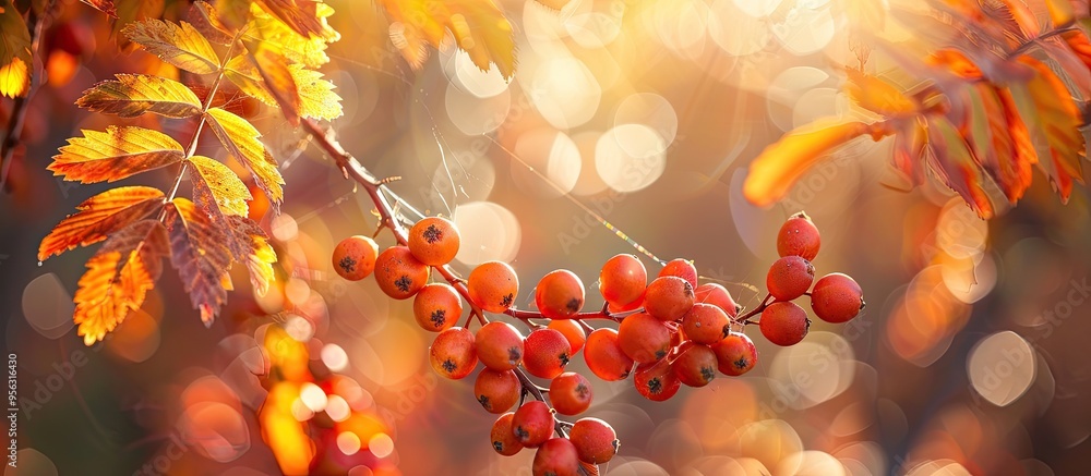 Poster a picturesque fall scene displaying rowan leaves on a tree branch with sunlight shining through high
