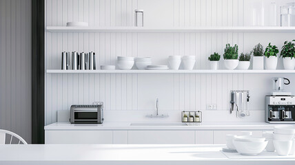 a minimalist kitchen with a clean, white aesthetic and open shelving