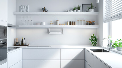 a minimalist kitchen with a clean, white aesthetic and open shelving