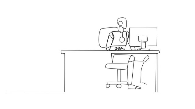 Animated self drawing of single one line drawing smart robot typing at a computer desk. Trapped by business partner. A bomb that could explode at any time. Full length single line animation