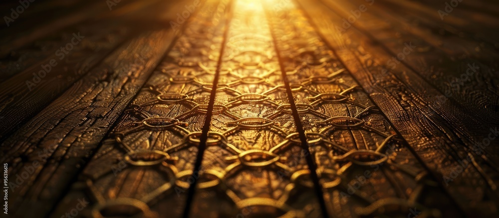Poster Dark copyspace image with a golden circle chain mesh creating a grid like sunbeam on the textured natural wood surface