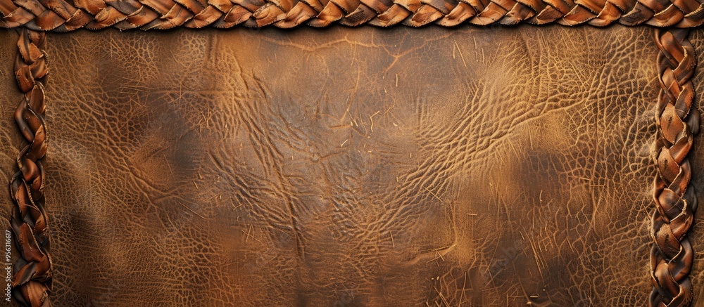 Fototapete Brown leather background with braided edge featuring cowhide texture and a mock up template ready for text on this copy space image