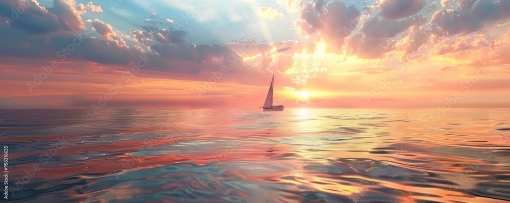 Poster Sunset over a calm sea with a dramatic sky, 4K hyperrealistic photo,