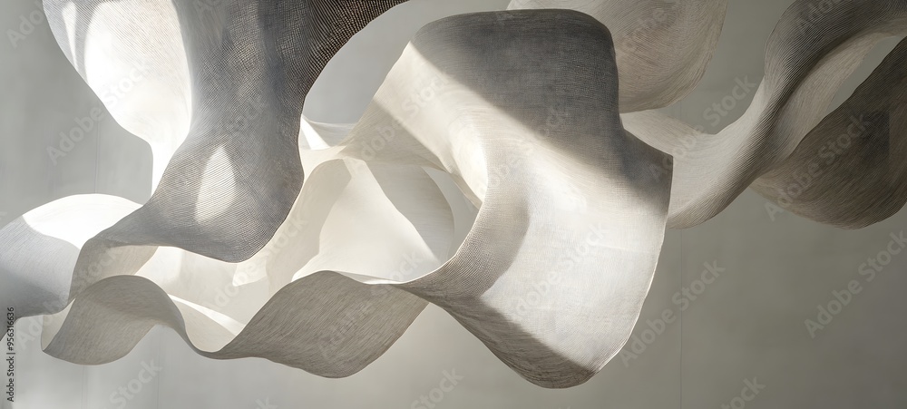 Poster 12. suspended paper shapes with intricate textures and shadow effects, giving a floating appearance