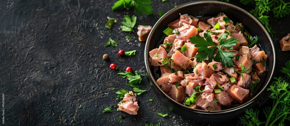 Poster top view of canned tuna garnished with fresh herbs displayed on a dark background with ample copy sp