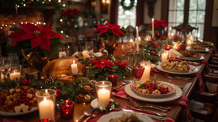 A New Year's party with buffet table with food and drinks