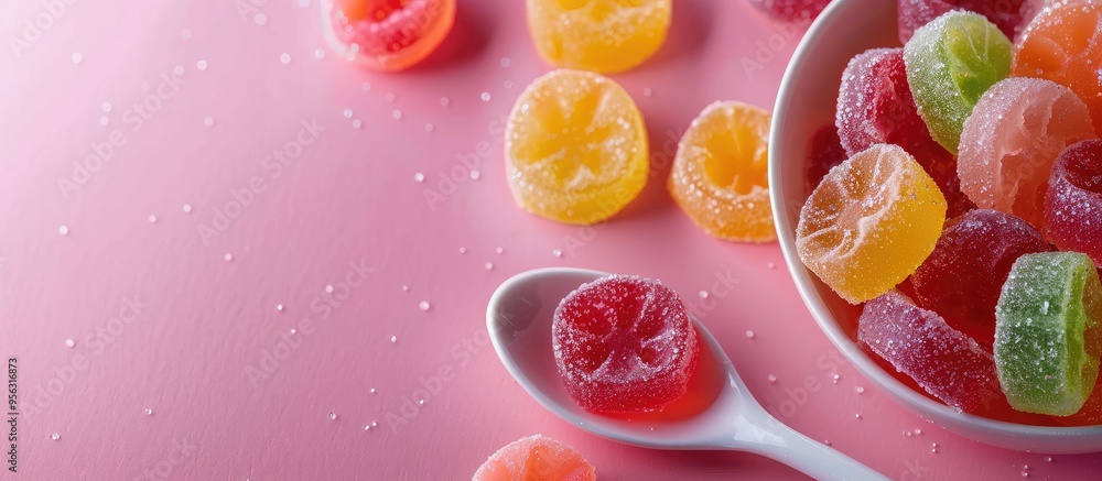Poster spoonfuls of jelly candies on a pink backdrop with ample copy space image