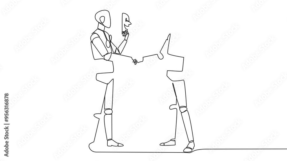 Poster animation of a single one line drawing of the two robots shaking hands. one of them has two faces. f