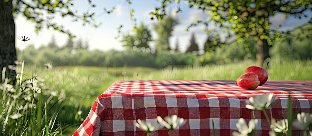Leinwandbilder picnic table set with red checkered tablecloth on outdoor table with copy space image available