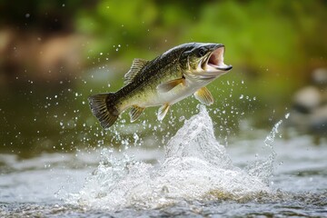 Largemouth Bass Leaping from Water with Open Mouth