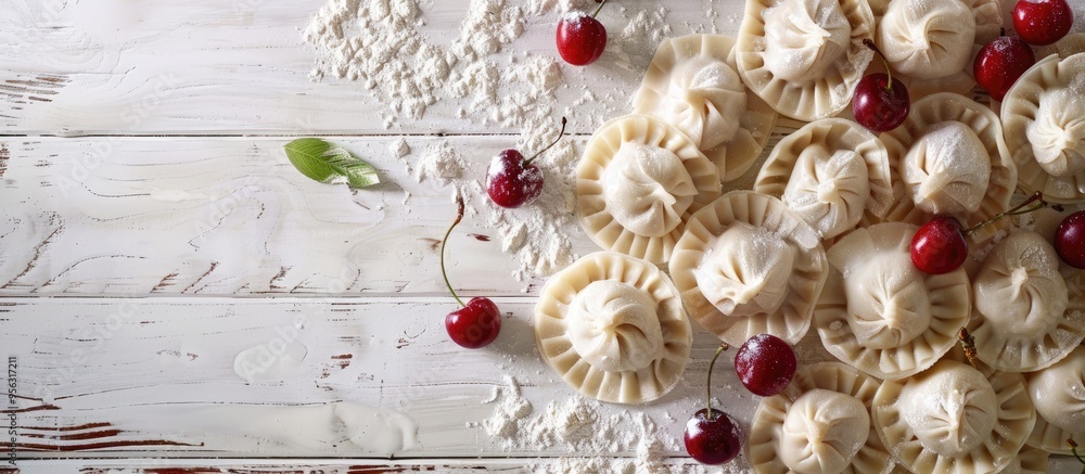 Aufkleber Blank space for text available in a rustic setting showcasing uncooked dumplings varenyky and ripe cherries on a white wooden surface with room for a caption. Creative banner. Copyspace image