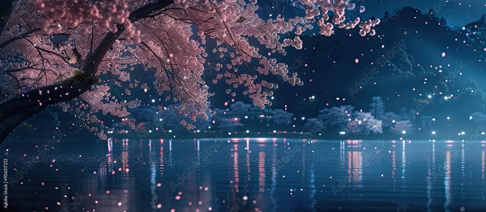 Poster a captivating nighttime scene of cherry blossoms or sakura with a copy space image