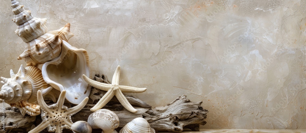 Poster nature themed image showing seashell starfish and driftwood on beige background evoking sea summer a