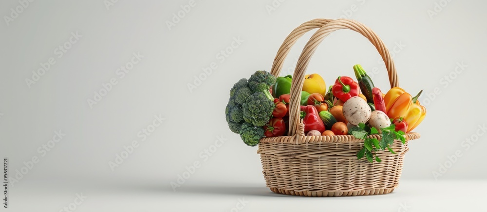 Poster basket filled with a variety of fresh vegetables creating a vibrant display against a white backgrou