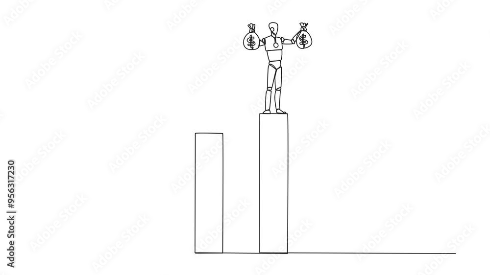 Aufkleber animation of single continuous line drawing the smart robot standing on the bar lifting two money ba
