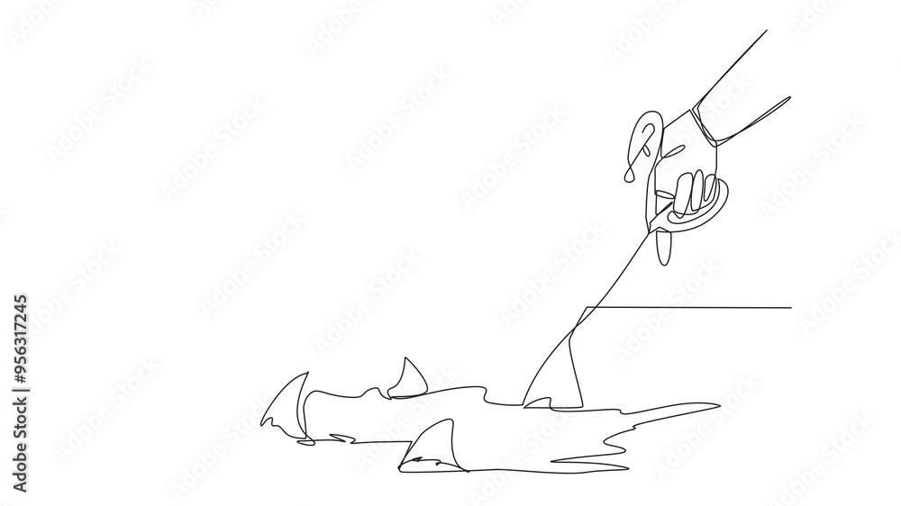 Poster self drawing animation of single one line drawing the smart robot walking across on tightrope. a met