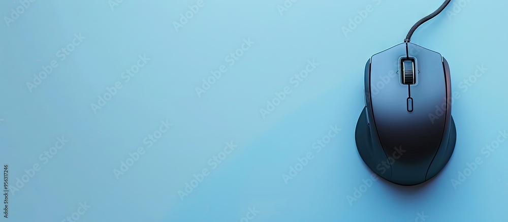 Poster top view of a wired mouse and mousepad on a light blue backdrop with copy space image available