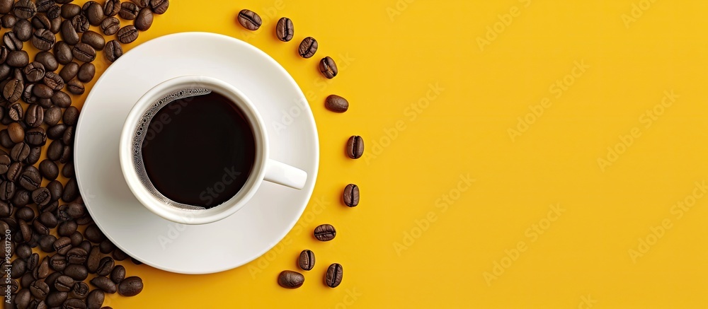 Poster top view of a white coaster next to a coffee cup with coffee beans on a yellow backdrop in this copy