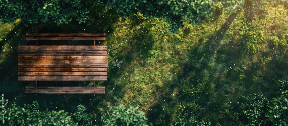 Wall mural Aerial perspective of a rustic wooden picnic table in the backyard with copy space image