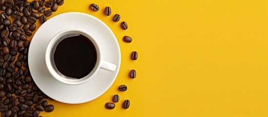 Top view of a white coaster next to a coffee cup with coffee beans on a yellow backdrop in this copy space image