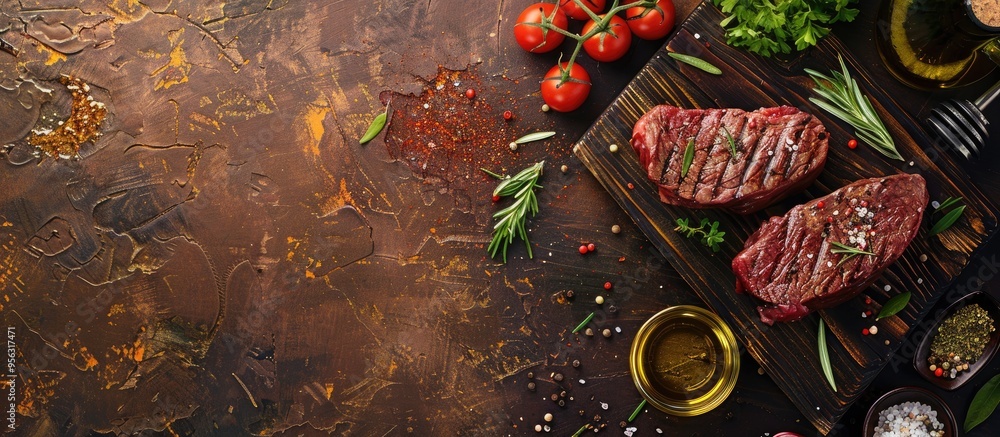 Poster View from above of a cooking table with two beef steaks displayed on a cutting board surrounded by herbs spices and olive oil perfect for grilling with empty space for text or design. Creative banner
