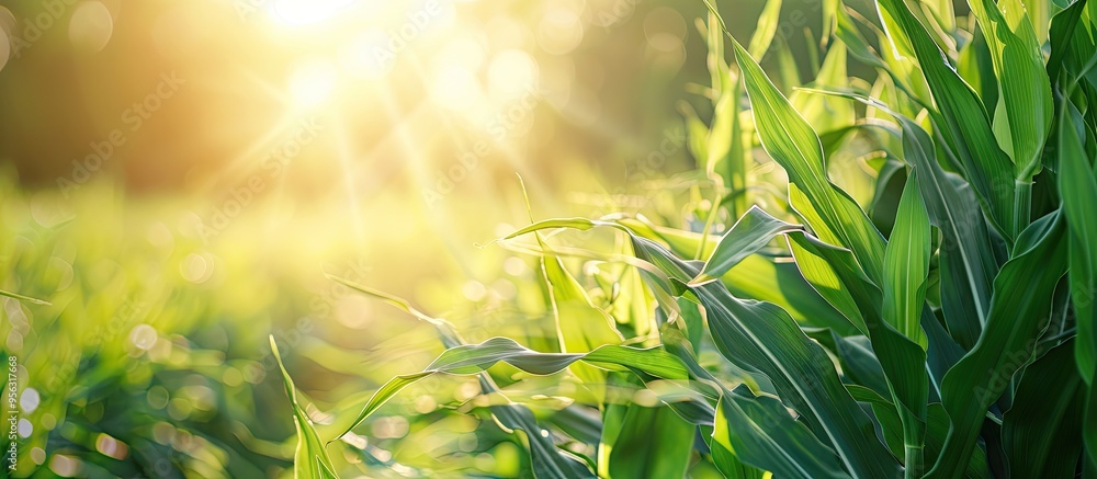 Aufkleber young maize crops growing in a field with sunlight in the background creating a close up agriculture