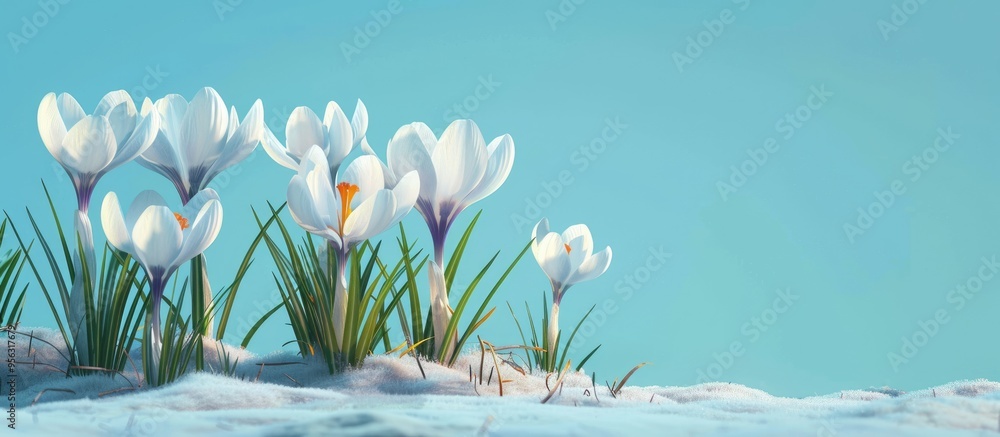 Aufkleber A stunning display of crocus flowers set against a vivid blue backdrop creates a serene copy space image