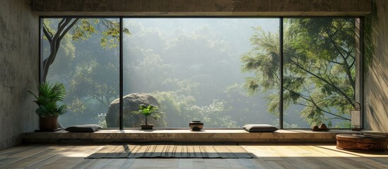 The image shows an indoor setting with a spacious window that is frameless displaying rough concrete borders hinting at an incomplete or rustic style. Creative banner. Copyspace image