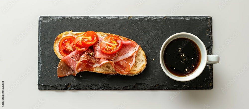 Poster A Spanish lunch composed of a slice of bread topped with tomato and Iberian ham served with a cup of coffee displayed on a black board against a white background as a copy space image