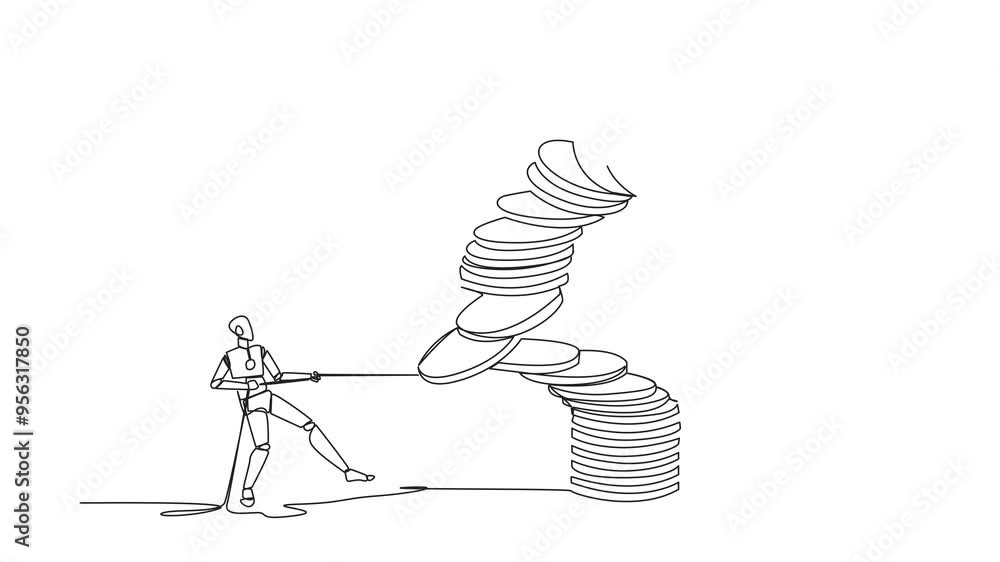 Aufkleber animation of one continuous one line drawing robotic pull one of a piles of coins who made the perso