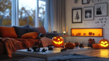 Obraz premium Modern Living Room Decorated for Halloween, 3D Illustration with Spooky and Festive Elements. AI generated illustration.