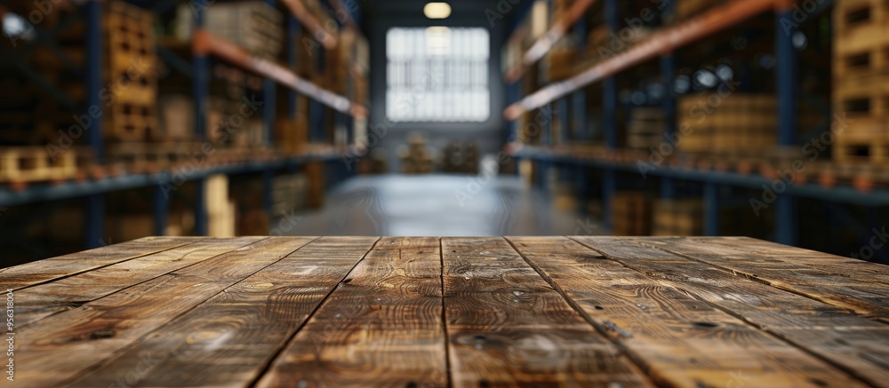 Poster a wood table is empty with a blurred warehouse backdrop providing ample copy space for displaying pr