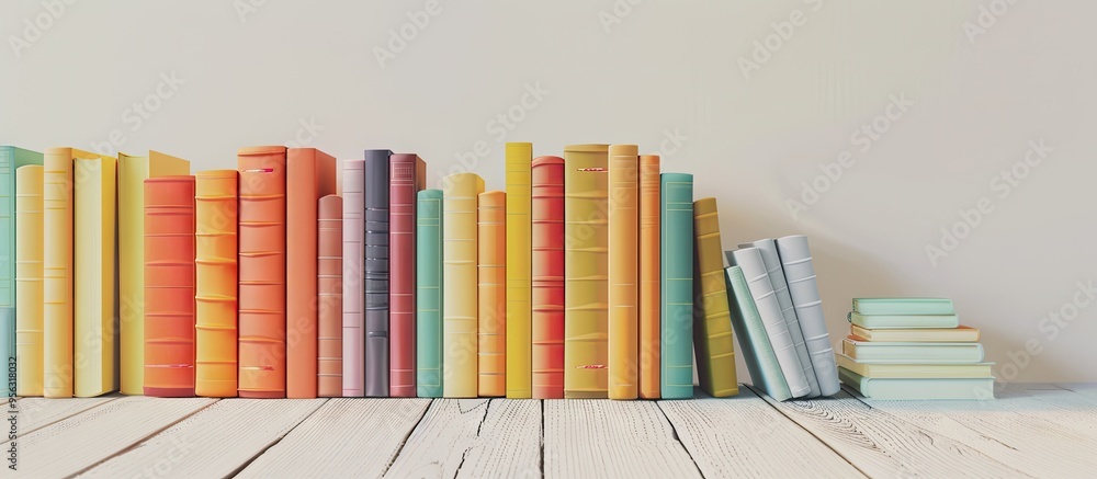 Poster colorful books on a white wooden table contrast with a light grey backdrop offering a blank area for
