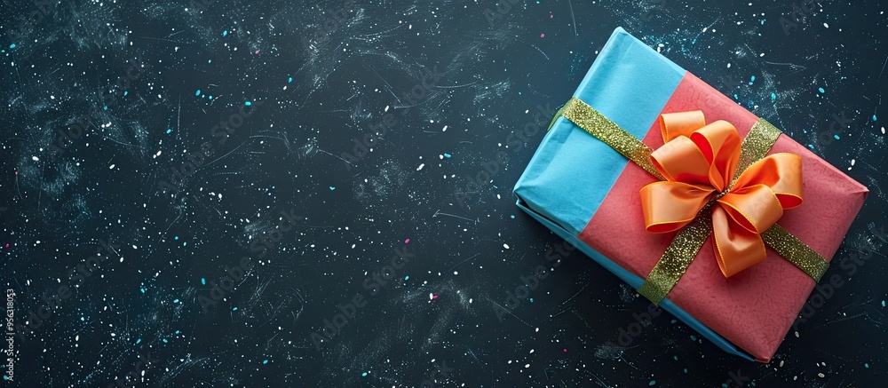 Aufkleber A festive gift box decorated with colorful paper and ribbon placed on a table captured from above with space for text alongside. Creative banner. Copyspace image