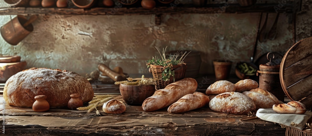 Poster Rustic setting with freshly baked bread perfect for a copy space image