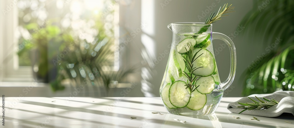 Aufkleber Close up of a jug of refreshing cucumber water infused with rosemary on a white table suitable for adding text Incorporates copy space image